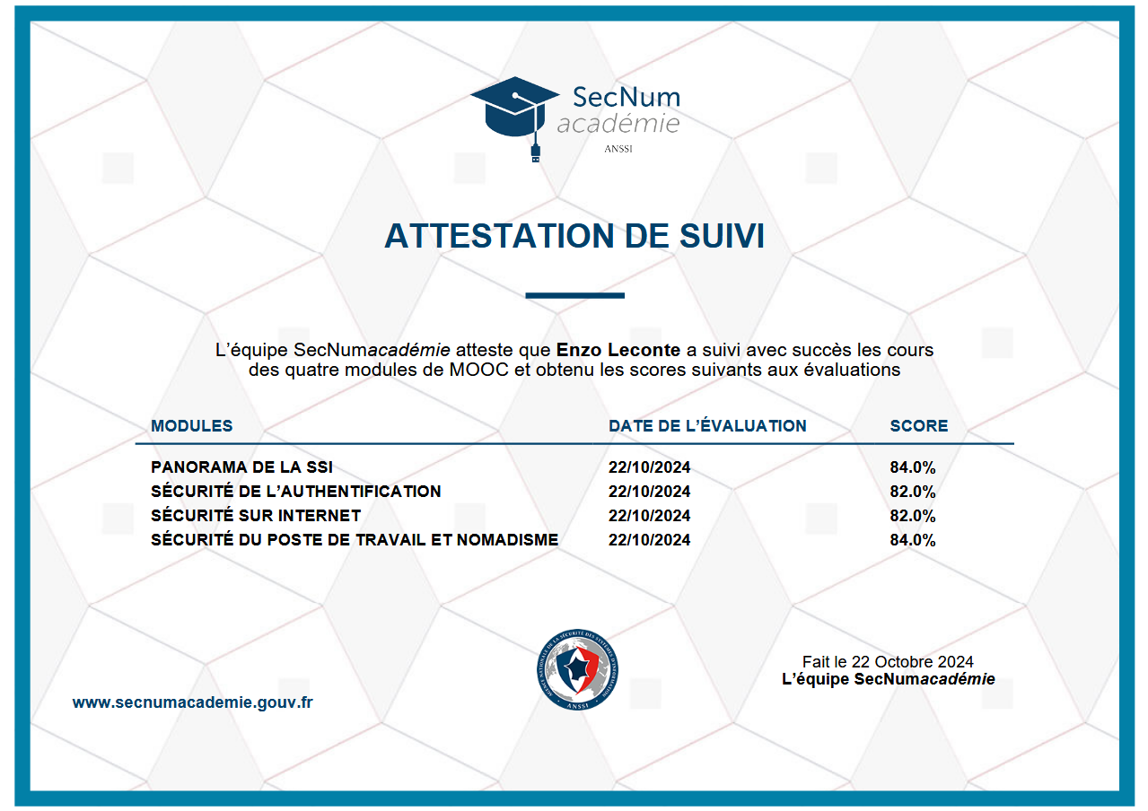 Attestation de réussite MOOC SecNumacadémie (ANSSI)
